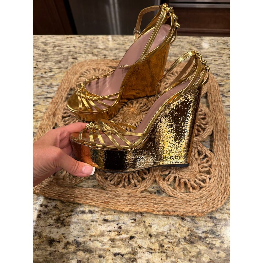 Gucci Gold Wedge Platform Sandals, Size 9/39 - Picture 2 of 16